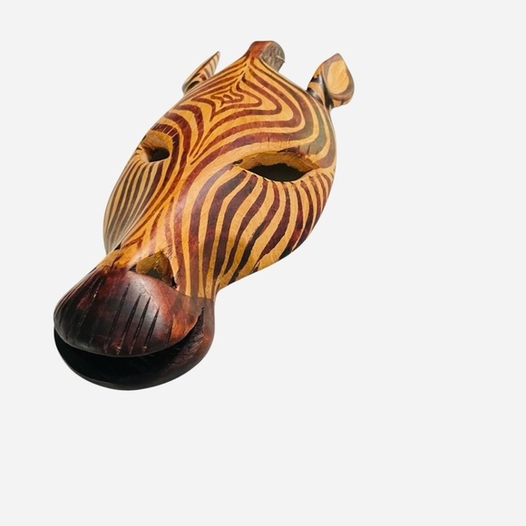African Wooden Zebra Head Mask Painted Hand Carved Hanging Wall Art Decor - Picture 2 of 13